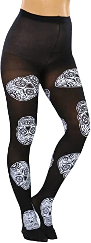 Image of ToBeInStyle Women's Sugar Skull Dia de los Muertos La Catrina Skeleton Bones Tights & Thigh High Stockings