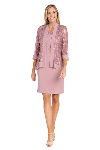 Image of R&M Richards Women's 2-Piece Knee Length Banded Hi-Lo Sequined Jacket Dress W /Detachable Necklace