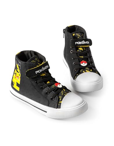 Pokémon Pikachu Boys High-Top Trainers with Hook and Loop Strap | Pika Kids Black Yellow Lightning Bolt Footwear