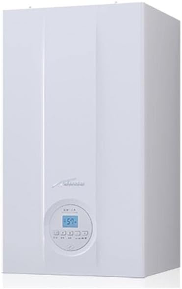 Front view of the SIME UNIQA REVOLUTION 25 wall-mounted boiler, white with a circular digital display and control buttons at the bottom center.