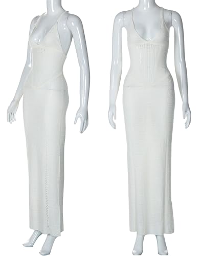 Image of BOLLEY JOSS Women Crochet Knit Bodycon Maxi Dress Sexy V Neck Backless Hollow Out Lace Up Corset Dress Sundress Beach Dresses