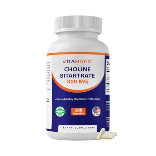 Vitamatic Choline Bitartrate 800 mg 180 Vegetable Capsules Non-GMO Gluten Free Made in USA
