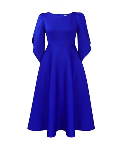 SOMTHRON Women's Elegant 3/4 Petal Sleeve Long Maxi Dress Crewneck A-Line Pleated Swing Formal Cocktail Party Dress