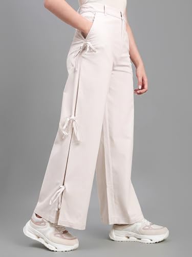 Image of GO COLORS Mostlysane Collection Cotton Pleated Pants Full Length for Women | Mid Rise, Baggy Fit, Solid