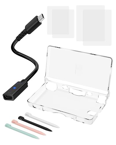 DS Lite Charger and Case Bundle, USB C to DS Lite Charging Adapter, Clear Crystal Case, 2 Sets of Screen Protectors, 4 Stylus Pens for Nintendo DS Lite NDSL