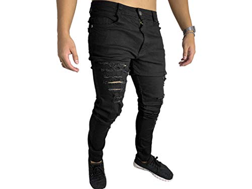 Calça Masculina Jeans Sarja Skinny Slim Rasgada Tamanho:44;Cor:Preto