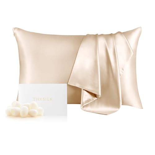 THXSILK 100% Mulberry Silk Pillowcase for Hair and Skin Health, Soft and Smooth Pillowcase with Hidden Zipper, Both Sides Premium Grade 6A+ Silk, 1pc (Standard 20"x26", Beige)