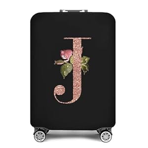 Hearda Blumen mit 26 Buchstaben Kofferschutzhülle, 19-32 Zoll Elastisch Kofferhülle, Staubdichte Suitcase Cover, Waschbar Kofferschutz, Reise Kofferüberzug mit Reißverschluss (Schwarz J, L (26-28 Zoll))