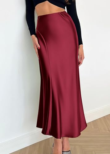 Image of KIRUNDO Women's Satin Maxi Skirt 2026 Summer Fall Trendy High Waisted Wedding Cocktail Party Work Silk A-Line Formal Skirts