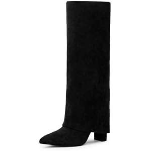Knee High Boots Women Fold Over Boots Chunky Heel Pointed Toe Tall Boots