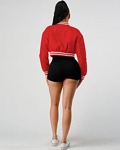 Doweha Women Faux Leather Jacket Light Moto Bomber Jackets Cropped Letterman Baseball Jacket Fall Coat With Pockets Red Xl #TOP3