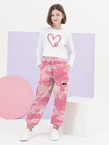 Image of SANGTREE Girls' Clothing Sets Crop Top & Cargo Jogger Pants 2 Piece Outfit, White+camouflage, 13-14Y = Tag 170
