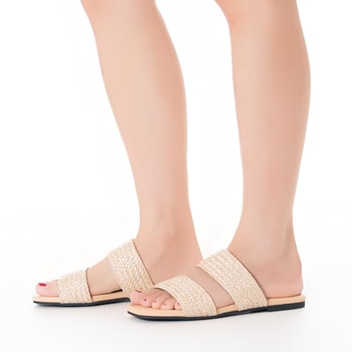 Image of Mtzyoa Women Flat Sandals Raffia Braided Summer Straw Dressy Casual Vacation Bohemian Cute Beach Comfy Slip On Slides