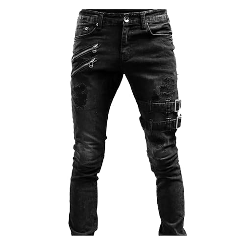 JEKE-DG Men's Ripped Skinny Moto Biker Jeans Slim Fit Hip Hop Tapered Leg Denim Pants Stretch Zipper Punk Jeans Trousers