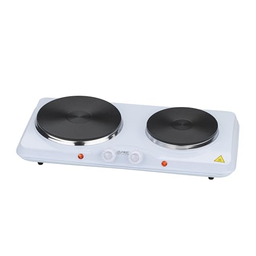 TZS First Austria - Double Plaque de Cuisson 2500W - Foyers en Fonte 185 & 150 mm - Thermostat Réglable - Réchaud Mobile pour Camping & Cuisine - Blanc