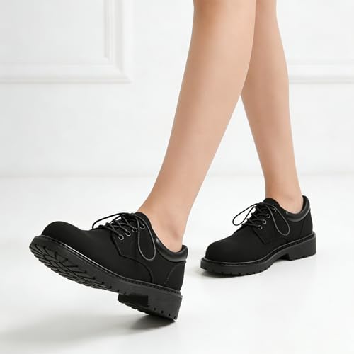 Image of Black Women's Oxford Shoes, Non Slip Work Office Dressy Brogue Shoes | Classic Smooth Leather Lace Up Oxford Brogues, Lightweight Comfort Platform Uniform Shoes for Business School Daily Wear