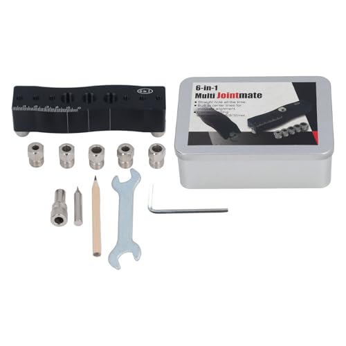 Woodworking Dowelling Jig Locator 6 in 1 | Aluminum Alloy Drill Guide for Accurate Hole Alignment | Self Centering Tenon Jig/Marking Tool | Compact & Adjustable with 5 Drill Bits