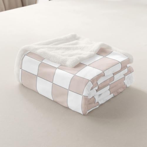 Image of Erosebridal Light Pink Checkered Sherpa Blanket Throw 50 inchX60 inch White Cream Checkerboard Fleece Bed Blanket,Buffalo Plaid Grid Throw Blanket For Kids Girls Teen Aesthetic Geometric Gingham Fuzzy Blanket