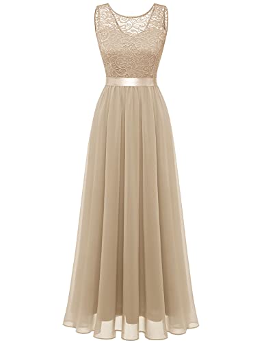 Berylove Damen Abendkleid Elegant Cocktailkleid Lang Brautjunferkleid Chiffon Spitzen Kleid Hochzeit Party Champagner BLP7025 Champagne XS