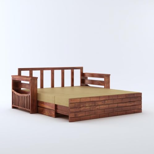 Image of MAMTA DECORATION Wooden Sofa Cum Bed for Living Room | Solid Sheesham Wood Convertible 3 Seater Diwan Sofa Bed with Pull-Out Storage Armrest | Folding Double Bed for Home & Guest Room | Honey Finish