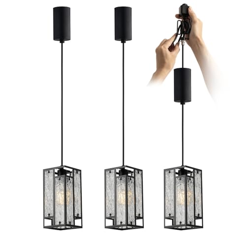 mirrea H-Type Modern Adjustable Track Pendant Lights Black Rectangular Mini Crystal Lighting for Kitchen Island Dining Room Living Room with E26 Socket Pack of 3