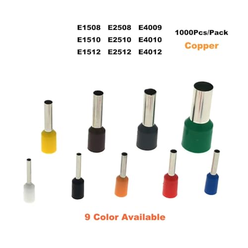 1000Pcs Copper Tube Insulated Cord End Crimp Terminals Electrical Wire Connector E1508~E4012 Cable Ferrules 16-12AWG 1.5-4.0mm2(Black,E1508 Copper)