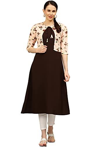Image of Women's Crepe Printed A-Line Kurti (ALC4045SLM Brown X-Large)