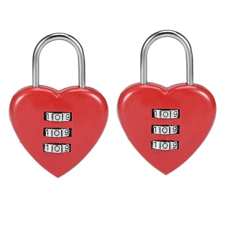 Image of 2Pcs Red 3 Digit Combination Padlock, 3mm Shackle, Zinc Alloy Lock Heart Shaped Combination Padlocks, Padlocks and Hasps