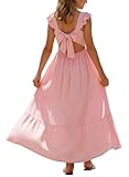 Happy Cherry - Niña Vestidos Verano Maxi con Espalda Abierta Lazo para Fiesta Boda Niñas Infantil Vestido Largo Informal con Cuello Cuadrado Mangas Volantes para Vacaciones Playa - 9-10 Años - Rosa