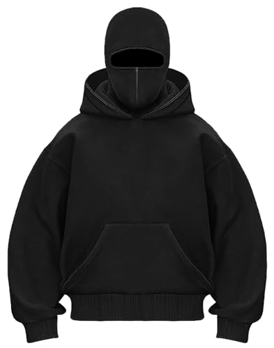 Chaos World Mens Balaclava Hoodie Double Hooded Pullover Kangaroo Pocket Hoodie For Men Casual Streetwear