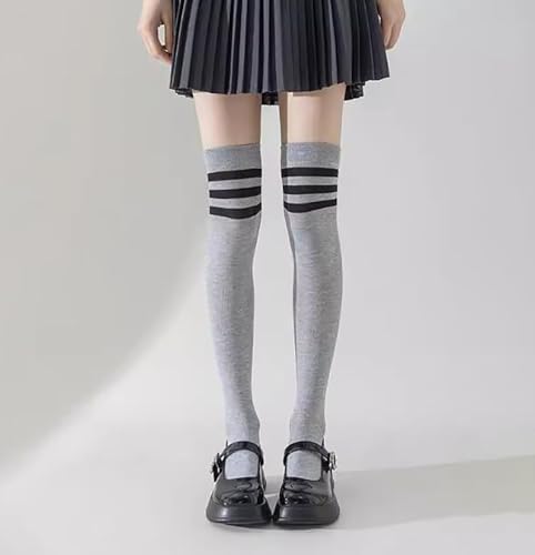Image of Bestjybt Women Thigh High Socks Cotton Warm Striped Over Knee High Socks | Well-made Not Sheer Thick Leg Warmers Long Knee High Boot Socks Comfortable Thigh-friendly Stay up Fit Well