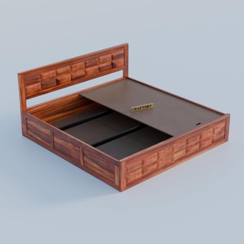 Image of Solid Sheesham Wood King Size Bed with Storage | Wooden Double Bed Cot for Bedroom & Home | Palang Double Bed with Designer Headboard | Honey Finish | 81 x 74 Inch