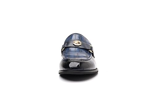 Men's Patent Leather Loafers, Crocodile Pattern, Metal Buckle Detail, Black Dress Shoes2