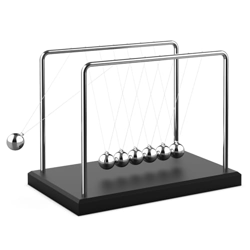 Theefun Newtons Cradle Pendulum Large 7 Beads, 30+ Sec Swing Balance Balls Desk Toys Office Decorations with Wood Base, Physics Gadget for Kids