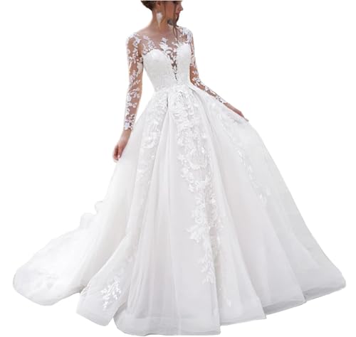 JAEDEN Brautkleid Lang Prinzessin Spitze Langarm Hochzeitskleid A-Linie Standesamtliche Trauung Kleid mit Schleppe Weiß 32