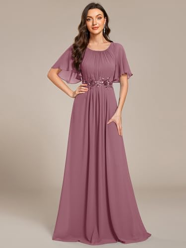 Image of Ever-Pretty Women's Classic Round Neck Pleated Short Sleeves Chiffon Appliques Floor Length A Line Formal Evening Dresses