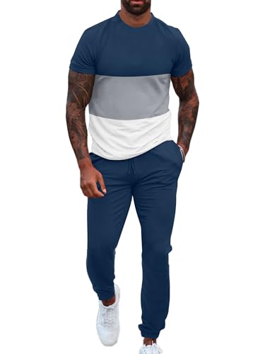 UOUA Mens 2 Piece Sweatsuits Outfits Short Sleeve Pullover Loungewear & Joggers Sweatpants Summer Casual Track Suits Set