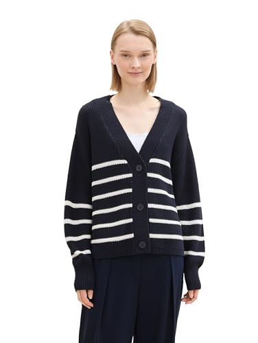 Tom Tailor Denim Damen Basic Strickjacke mit Knöpfen,36394 - Placed Navy White Stripe, M