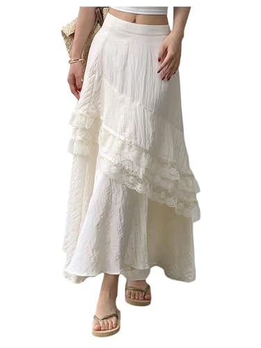 MakeMeChic Women's Summer Beach Ruffle Tiered Lace Trim Maxi Skirt A Line Loose Long Skirts4
