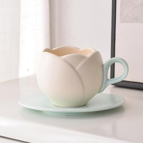 Tasse à café tulipe en céramique, tasse créative avec soucoupe, design irrégulier unique, tasse à thé élégante avec poignée confortable pour le bureau et la maison