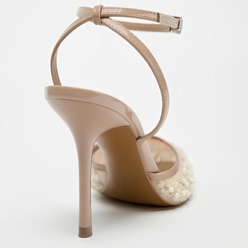YIYA Women's Nude Sparkly Glitter Pearl Mesh Slingback Kitten Heels Closed Pointed Toe Strappy Ankle Strap Wedding Party Bridal Dress Pumps Shoes4
