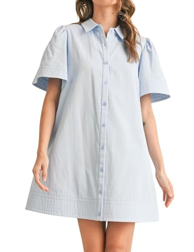 Image of Womens Short Sleeve Button Down Mini Shirt Dress Lapel Collar Short Dresses with Pocket