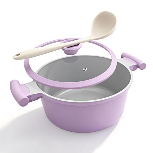 Olla de 24 cm con tapa, 5 L, antiadherente cerámica de aluminio-lila