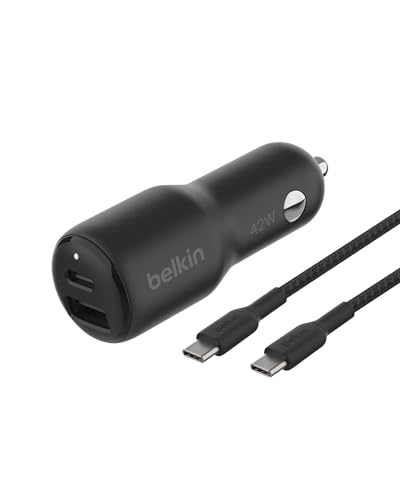 Belkin BoostCharge 42-Watt Dual Port Fast Car Charger w/30W USB-C & 12W USB-A Ports, USB-C to C Cable Included for iPhone 16, 16 Pro, Galaxy S25, S24, Pixel 9 & 8, Nintendo Switch 2 & More - Black
