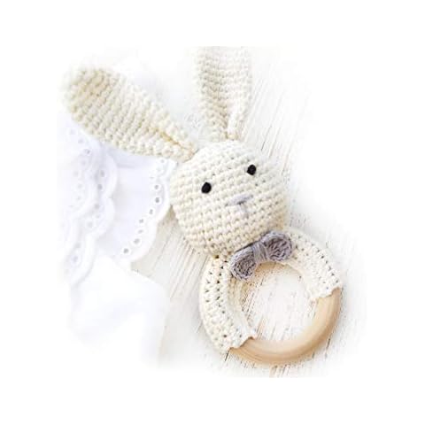Natural Crochet Teether Toy Rattle for Baby Forest Friends Amigurumi Crochet Bunny Deer Fox on Natural Wooden Teething Ring Rattle and Beaded Pacifier Clip (Mama Bunny) Cover