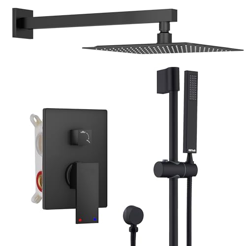 ESNBIA Shower System, Slide Bar Shower Faucet Set with 10 Inches Rain Black Shower Head and Handheld Spray Combo, Shower Faucet with Valve, Wall Mounted High Pressure Shower Head Combo, Matte Black ESNBIA Shower System, Slide Bar Shower Faucet Set with 10 Inches Rain Black Shower Head and Handheld Spray Combo, Shower Faucet with Valve, Wall Mounted High Pressure Shower Head Combo, Matte Black