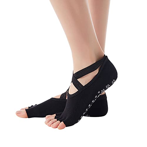 Feliciay Yoga-Socken FüR Frauen, Rutschfeste, Zehenlose Halbzehen-Criss-Cross-Atmungsaktive Socken Mit Griffen Und Riemen FüR Barre Pilates Ballett Tanz Fitness Barfuß (Schwarz) Cover