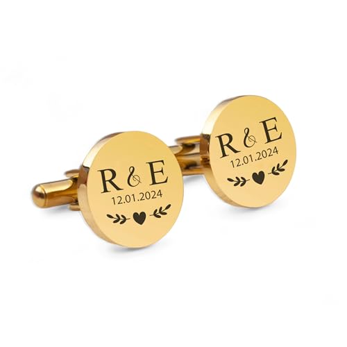 2 Manschettenknöpfe mit Gravur für Männer in Gold Motiv 04, personalisiertes Geschenk mit Initialien, silberner Schmuck für Herren, als Hochzeitsgeschenk, zum Jahrestag, zum Hochzeitstag