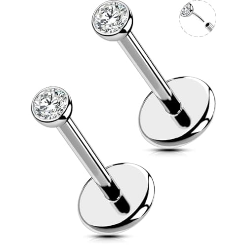 OUFER 2Pcs 20G/18G/16G G23 Titanium Threadless Nose Stud Earrings Flat Back Tiny CZ Small Nose Helix Cartilage Tragus Conch Labret Medusa Monroe Piercing Jewelry for Women Men Silver 2pcs, 2