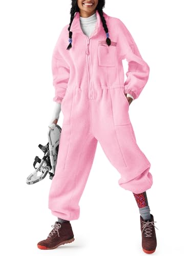 Yousify Women's Fuzzy Fleece Jumpsuit Pink L